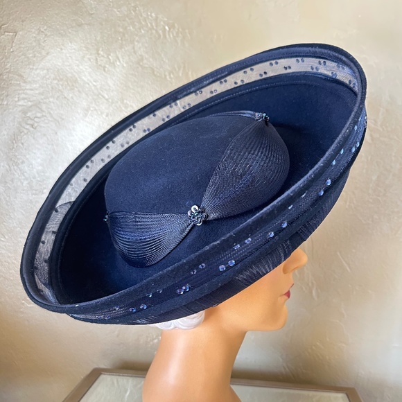 ELABORATE 1970s\' NAVY FELT & SHEER FABRIC WIDE BRIM HAT WITH SEQUIN TRIM